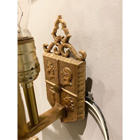 27” Long Bronze Spanish Gothic Revival Sconces 1920 Fluer de lis Knight Ornate - Picture 8 of 10